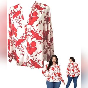 Fashion Nova White Button-Down Shirt with Red Floral Print